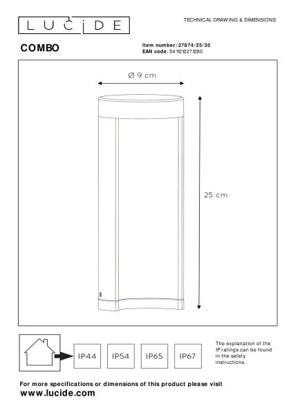 Lucide COMBO - Sokkellamp - Ø 9 cm - LED - 1x9W 3000K - IP54 - Zwart - technisch